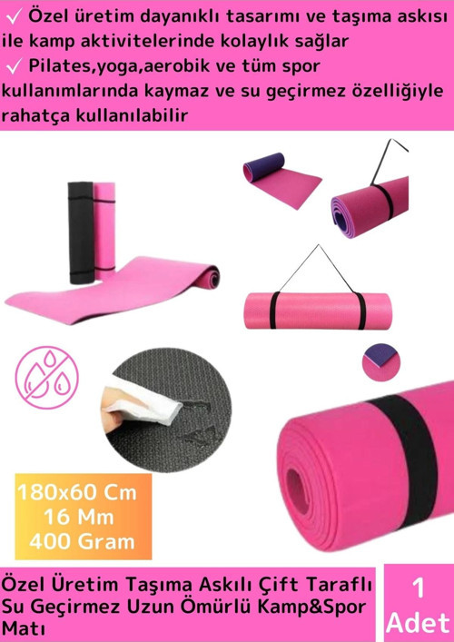 Özel Üretim Taşıma Askılı Çift Taraflı Kaymaz Su Geçirmez Pilates Kamp Fitness Yoga Matı Pembe 16Mm