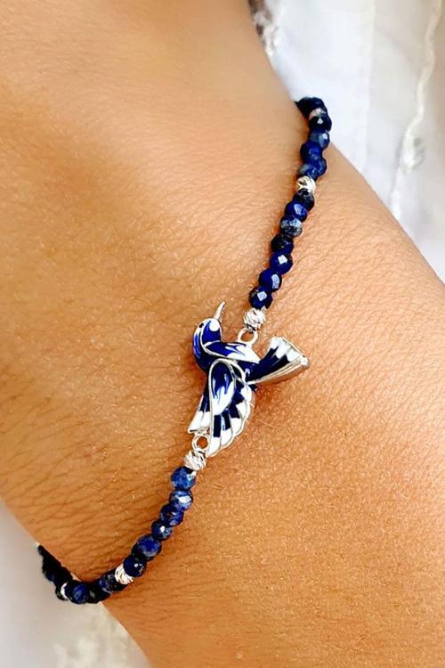 925ayar Gümüş  Mine İşçiliği Totem Kuşu Doğal Lapis Lazuli Taşlı Bileklik