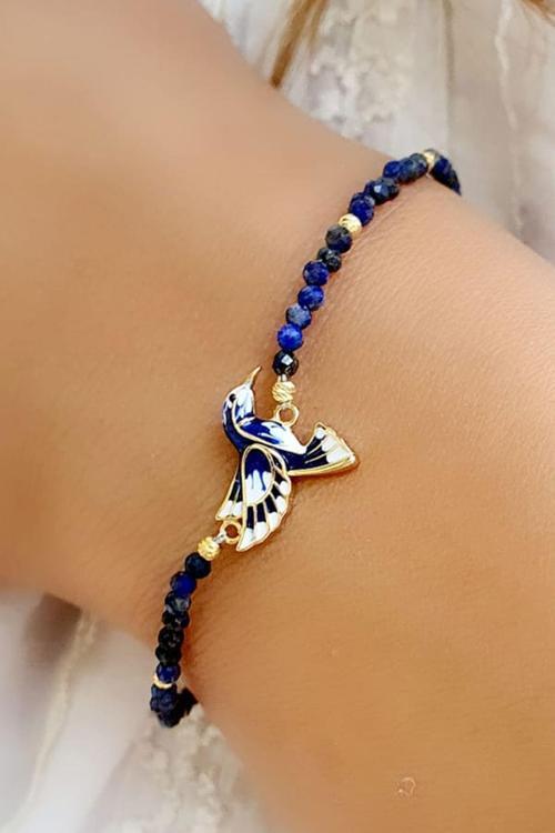925ayar Gümüş Üzerine  Altın Kaplama Mine İşçiliği Totem Kuşu Doğal Lapis Lazuli Taşlı Bileklik 