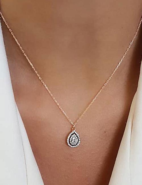 Elmas isciliginde zirkon taşlı 925ayar gümüş rose damla kolye 