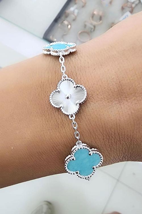 Amazonit Taşlı 925Ayar Gümüş İtalyan Tasarımı Özel Seri Yonca Bileklik 
