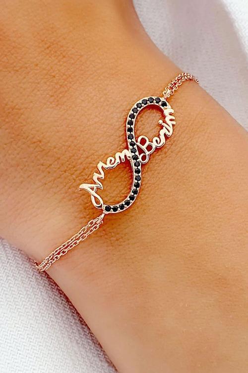 Annem Benim Yazılı Oniks Taşlı 925ayar Gümüş Rose Trend Bileklik 