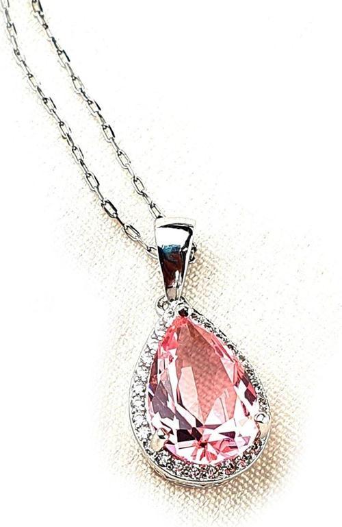 Sky Diamond Pink Morganit Taşlı 925 ayar Gümüş Lüks Damla Kolye 