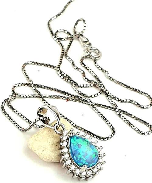 Zirkon taş detaylı opal taşlı italyan 925 ayar gümüş damla kolye