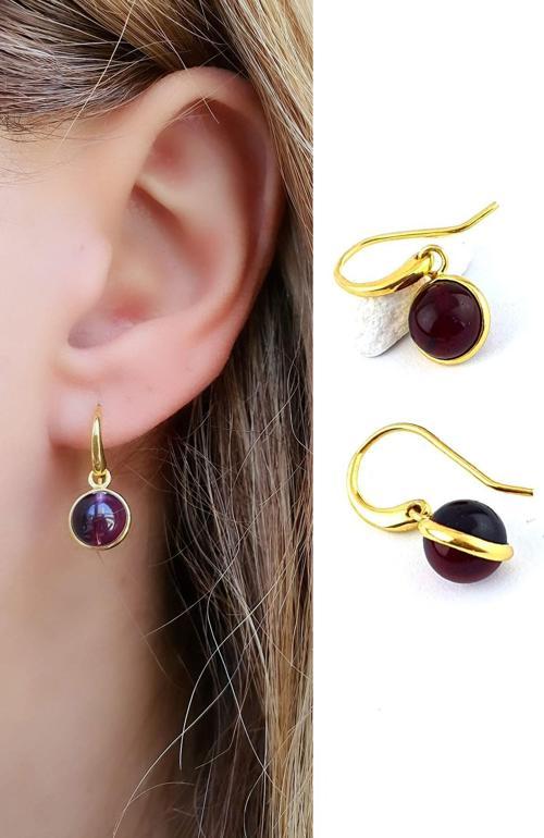 Granat Taşlı 925ayar Gümüş Üzerine Altın Kaplama Sallantılı Top Küpe