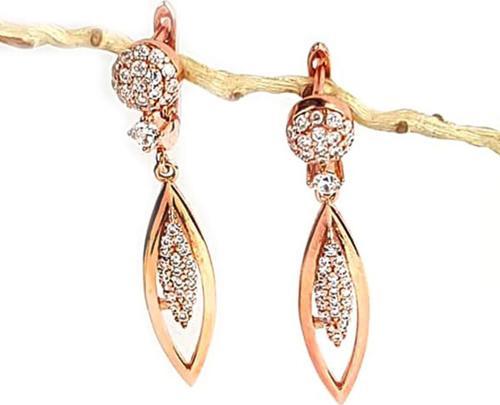 Gümüş Üzerine rose altın kaplamalı zirkon taşlı gümüş sallantılı küpe