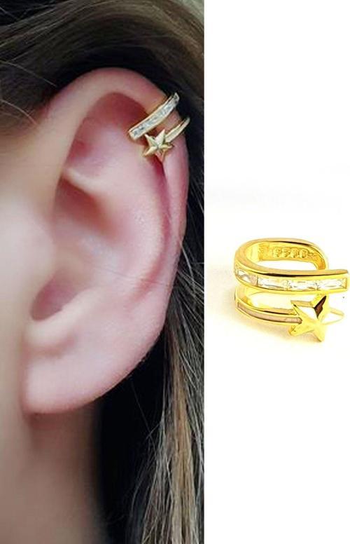 Baget Zirkon Taş Detaylı 925 ayar Gümüş Altın Trend Sıkıştırmalı Earcuff Kıkırdak Küpesi