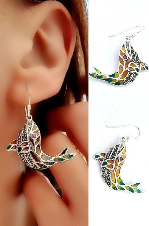 Balina  Figürlü Özel Mineli Vitray İşçiliği 925ayar Gümüş Tasarım Küpe