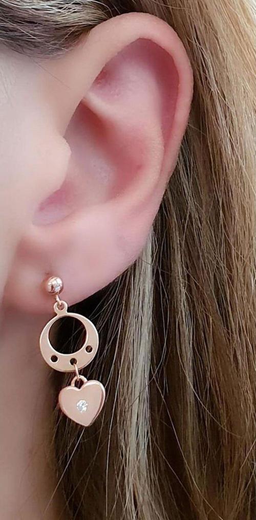 Kalp figürlü zirkon taş detaylı 925 ayar gümüş rose trend küpe 