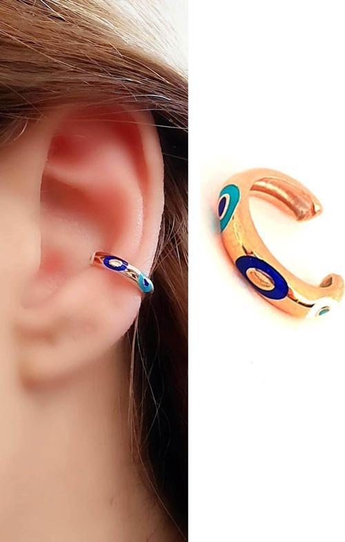 Mineli nazar boncuklu 925 ayar gümüş üzerine rose altın kaplama sıkıştırmalı kıkırdak küpesi 