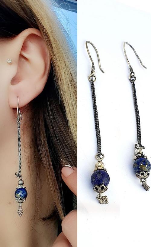 Lapis Lazuli Taşlı 925ayar Gümüş Tasarım Küpe
