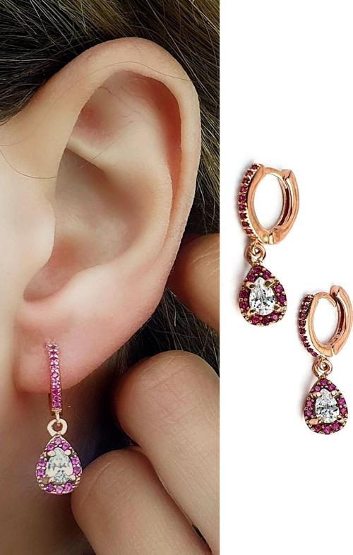 Pembe Zirkon Taşlı 925 ayar Gümüş Rose Damla Küpe