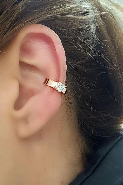 Pırlanta Işıltısında Zirkon Taşlı İtalyan 925ayar Gümüş Kalp Earcuff Sıkıştırmalı Kıkırdak Küpesi