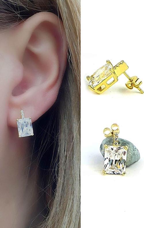 Pırlanta parlaklığında Swarovski Taşlı 925ayar Gümüş Üzerine Altın Kaplama Baget Küpe