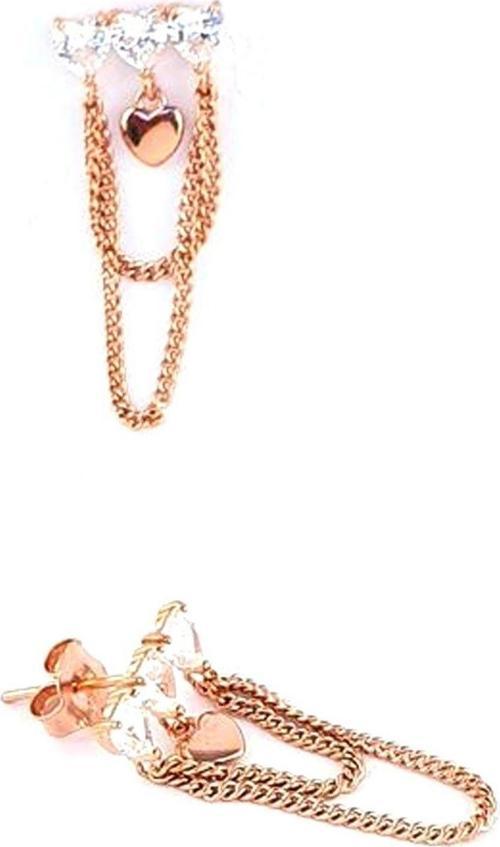 Pırlanta Parlaklığında Zirkon Taşlı Gümüş Üzerine Rose Altın Kaplama Kalp Figürlü Zincir Detaylı Trend Küpe