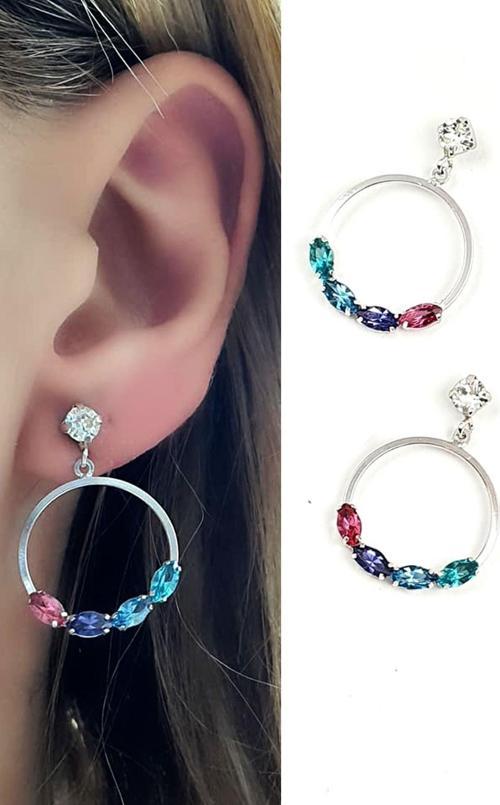 Renkli swarovski taşlı 925 ayar gümüş halka küpe