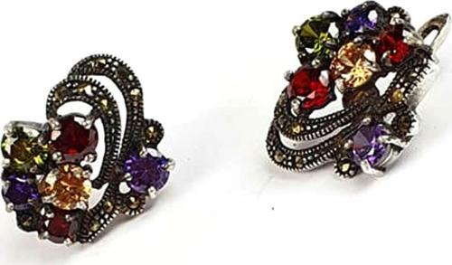 Renkli zirkon taşlı markazit taş detaylı gümüş küpe 