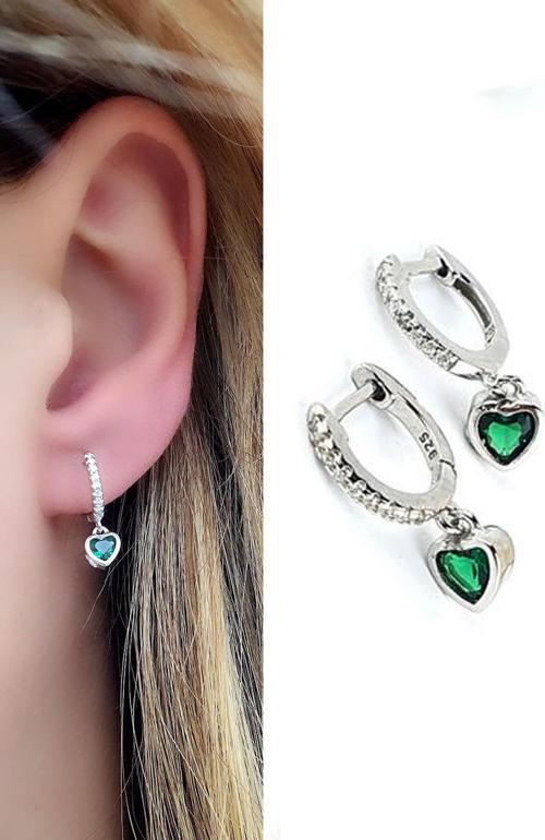 Yeşil Zirkon Taşlı Kalpli 925ayar Gümüş Minimal Sallantili halka küpe