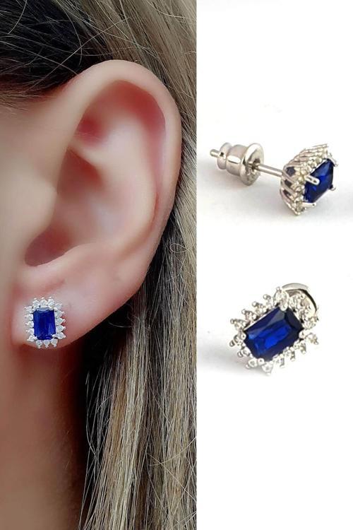 Sky Diamond Blue Creative Sapphire Taşlı 925 ayar Gümüş Lüks Tek Taş Küpe
