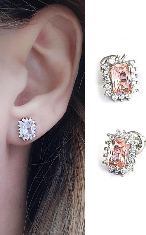 Sky Diamond Pink Morganit Taşlı 925 ayar Gümüş Lüks Tek Taş Küpe 