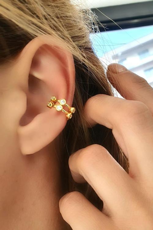 Zirkon Taş Detaylı 925ayar Gümüş Üzerine Altın Kaplama Tasarım Sıkıştırmalı Earcuff Kıkırdak Küpe