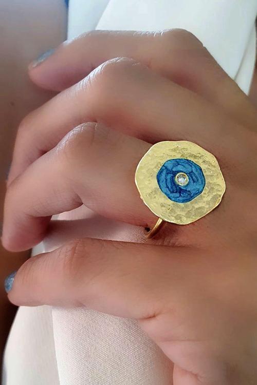 925 ayar Gümüş Üzerine Altın Kaplama Tasarım Mine İşçiliği Nazar Boncuğu Ayarlanabilir Yüzük
