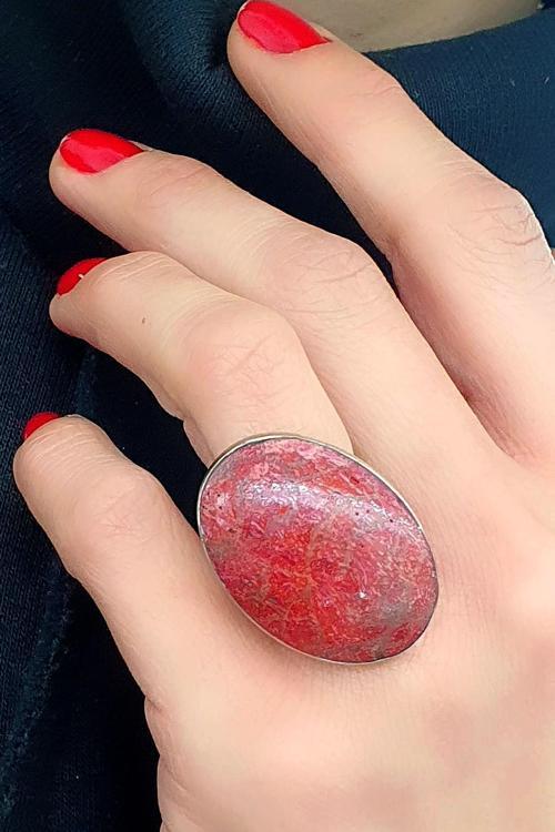 Doğal Mercan Taşlı 925ayar Gümüş Ayarlanabilir Oval Yüzük 