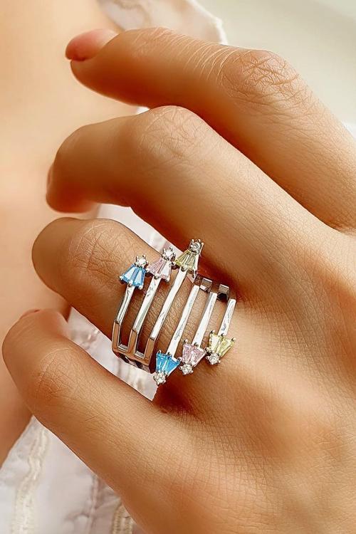 Renkli zirkon taş detaylı 925ayar Gümüş Ayarlanabilir Luxry Tasarım Yüzük 