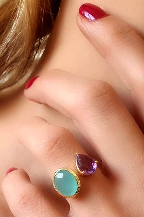 Kalsedon ametist taşlı ayarlanabilir gümüş yüzük