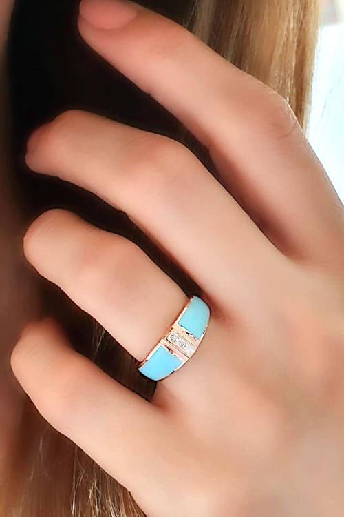 Su yeşili mineli 925 ayar gümüş rose ayarlanabilir yüzük 