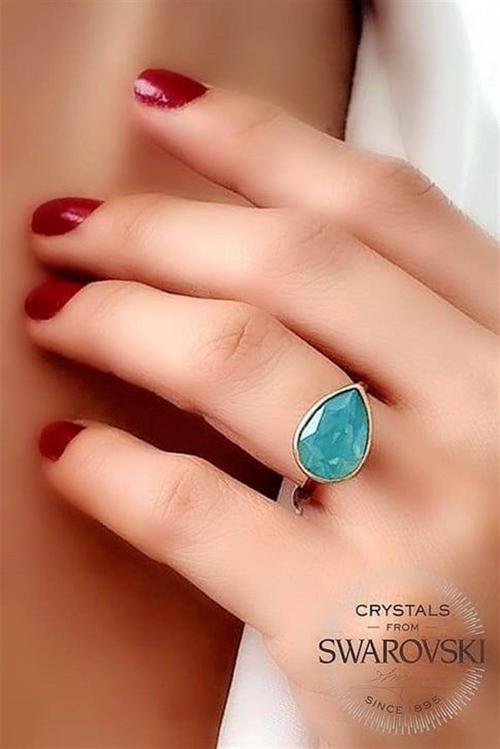 Su yeşili swarovski taşlı gümüş ayarlanabilir yüzük 