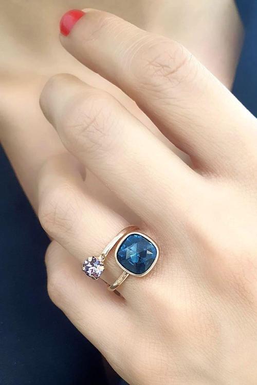Mavi Mor Swarovski Taşlı 925ayar Gümüş Rose Ayarlanabilir Yüzük 