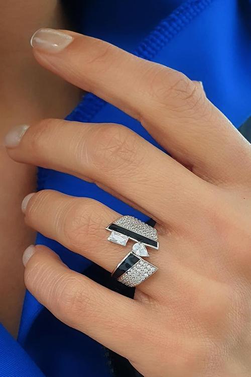 Mineli Zirkon Taş Detaylı 925ayar Gümüş Luxry Tasarım Ayarlanabilir Yüzük 