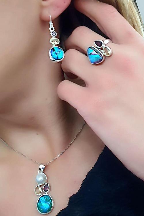 Ditroit sitrin ve granat taşlı 925ayar Gümüş Doğa Taş Set Takım