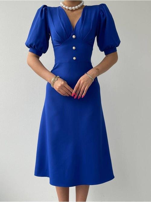 İnci Düğme Detay Kloş Kesim Balon Kol Tasarım Şık Kadın Elbise - 153