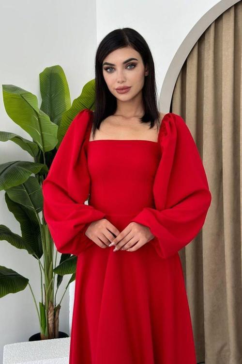 Prenses Kesim Balon Kol Kare Yaka Midi Boy Kadın Elbise 011