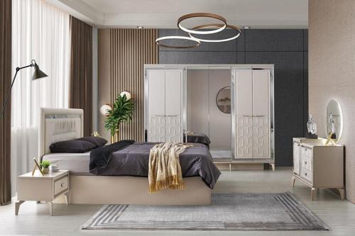 Dresden Yatak Odası-mdf-kum Beji-6 Kapaklı Ve Aynalı-bazasız Traversli