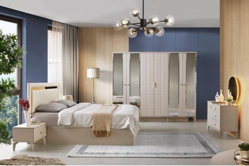 Paris Yatak Odası-mdf-kum Beji-6 Kapaklı Ve Aynalı-bazasız Traversli