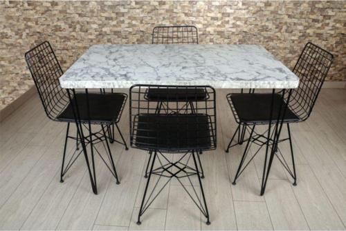 Mermer Görünümlü Masa Sandalye Set(4 Sandalye Ve 1 Masa) Beyaz