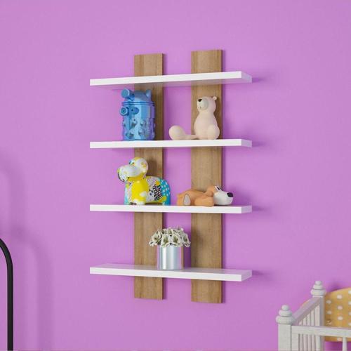 Nergis 4 Lü Duvar Rafı, Moderen Ahşap, Baharatlık, Çerçeve, Kitaplık