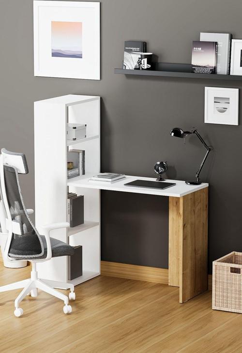 Star Raflı Çalışma Masası, Beyaz Meşe Kitaplıklı Bilgisayar Masası, Ofis Ders Laptop Masası
