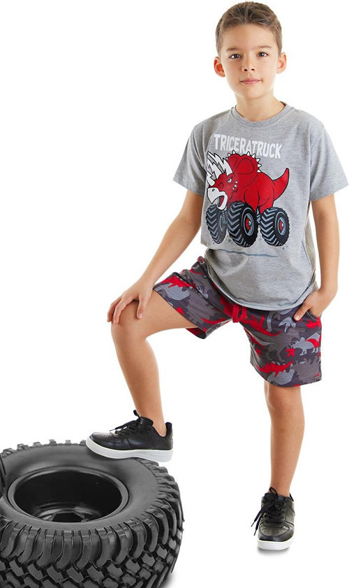 Triceratruck Kırmızı Erkek Çocuk Yazlık T-shirt Şort Takım