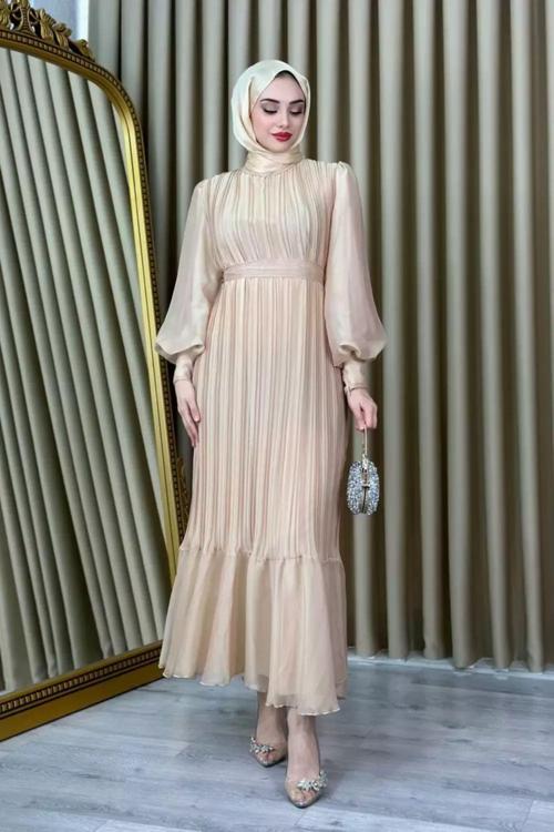 Piliseli Janjan Şifon Tesettür Elbise 44
