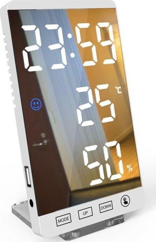 Aynalı LED Dereceli Nem Ölçer Alarmlı Masa Saati Beyaz