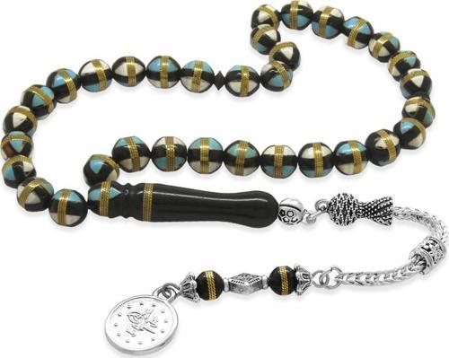 Kararmaz Metal Püsküllü Mavi-Beyaz Mine Dolgulu Pirinç Sarmal Küre Kesim Kuka Tesbih