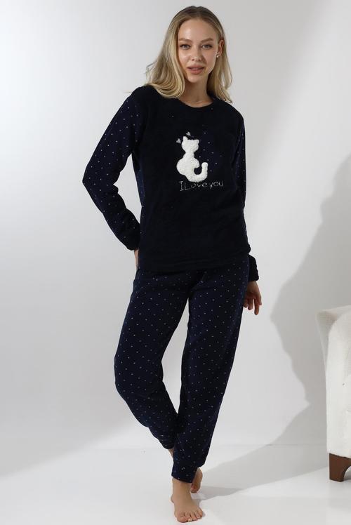 Fawn 3011 Peluş Welsoft Polar Kışlık Kadın Ev Kedi İşlemli Pijama Takımı 