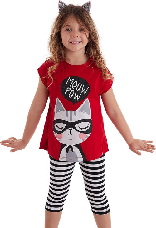 Kırmızı Meow Pow Çizgili Kız Çocuk Yazlık T-shirt Tayt Takım