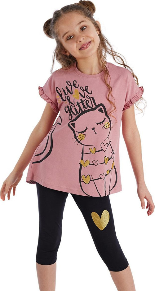 Fırfırlı Love Cat Pembe Siyah Kız Çocuk Yazlık T-shirt Tayt Takım
