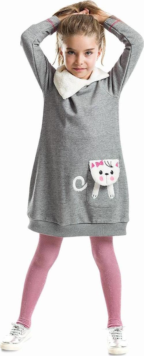 Şal Yaka Kedi Cepli Peluş Kız Çocuk Gri Kışlık Elbise