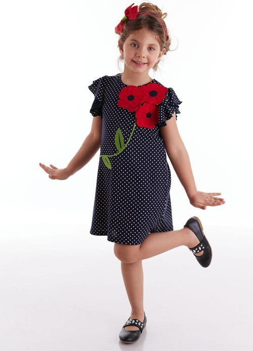Çiçekler Kız Çocuk Puantiyeli Siyah Yazlık Fırfırlı Elbise
